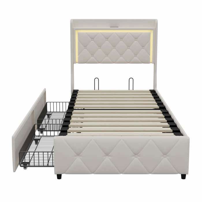 Lit 140x190 - Sommier Hydraulique à Lattes, Tête De Lit, 3 Tiroirs Et Coffre De Rangement Velours Beige Rangement Abondant Confort Luxueux 97532636