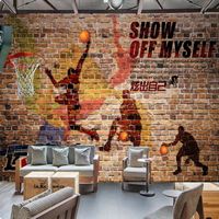 Papier peint en soie 3D Mur de briques rétro nostalgique, photo murale de basket-ball, décoration murale de fond de restaurant