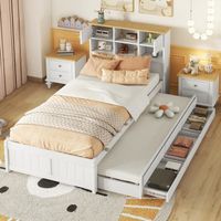 lit simple 90x200 cm, lit en bois massif avec 3 tiroirs, lit gigogne, tête de lit avec rangement, 6 Compartiments de Rangement