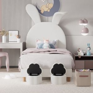 STRUCTURE DE LIT Lit enfant Lit LED 90x200 avec tabourets de rangement oreilles de lapin escamotables tête de lit réglable en hauteur beige