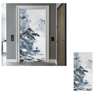 Autocollant Porte Effet 3D Lac Zen - Paysage Chinois, PVC Amovible, Taille 95x215 Cm (2 Pièces)