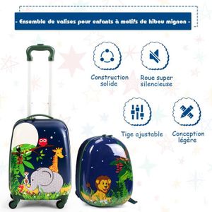 SET DE VALISES COSTWAY Valise Trolley pour Enfants à Roulettes 16'' + Sac à dos 12'' Ensemble de Bagage en Rose avec Motif Animaux -Garçon Fille