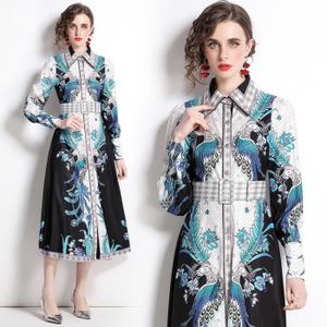 ROBE Robe,Robe mi-longue à revers et imprimé géométrique pour femmes,printemps-automne,Vintage,simple boutonnage,mode de - YSQ217[B430]