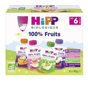 COMPOTE DESSERT FRUITÉ Hipp Bio 100% Fruits Gourde Multipack 4 variétés +6m 8 x 90g