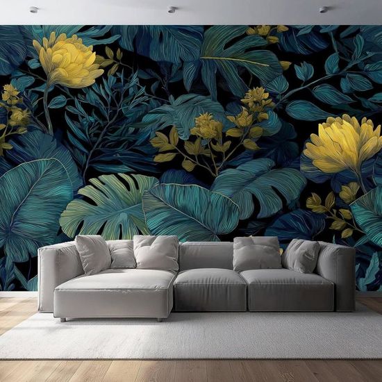 Papier Peint Panoramique Feuilles tropicales, bleu et or murale moderne ...