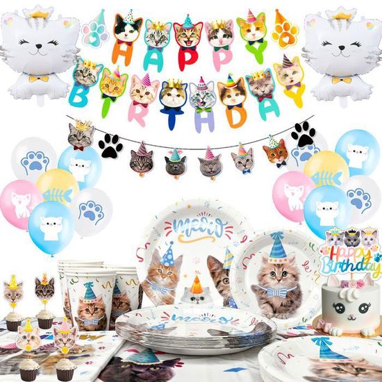 Décoration Anniversaire Chat 4 Ans - Set 102 Pièces - Vaisselle Jetable - Thème Anime - Pour Fille