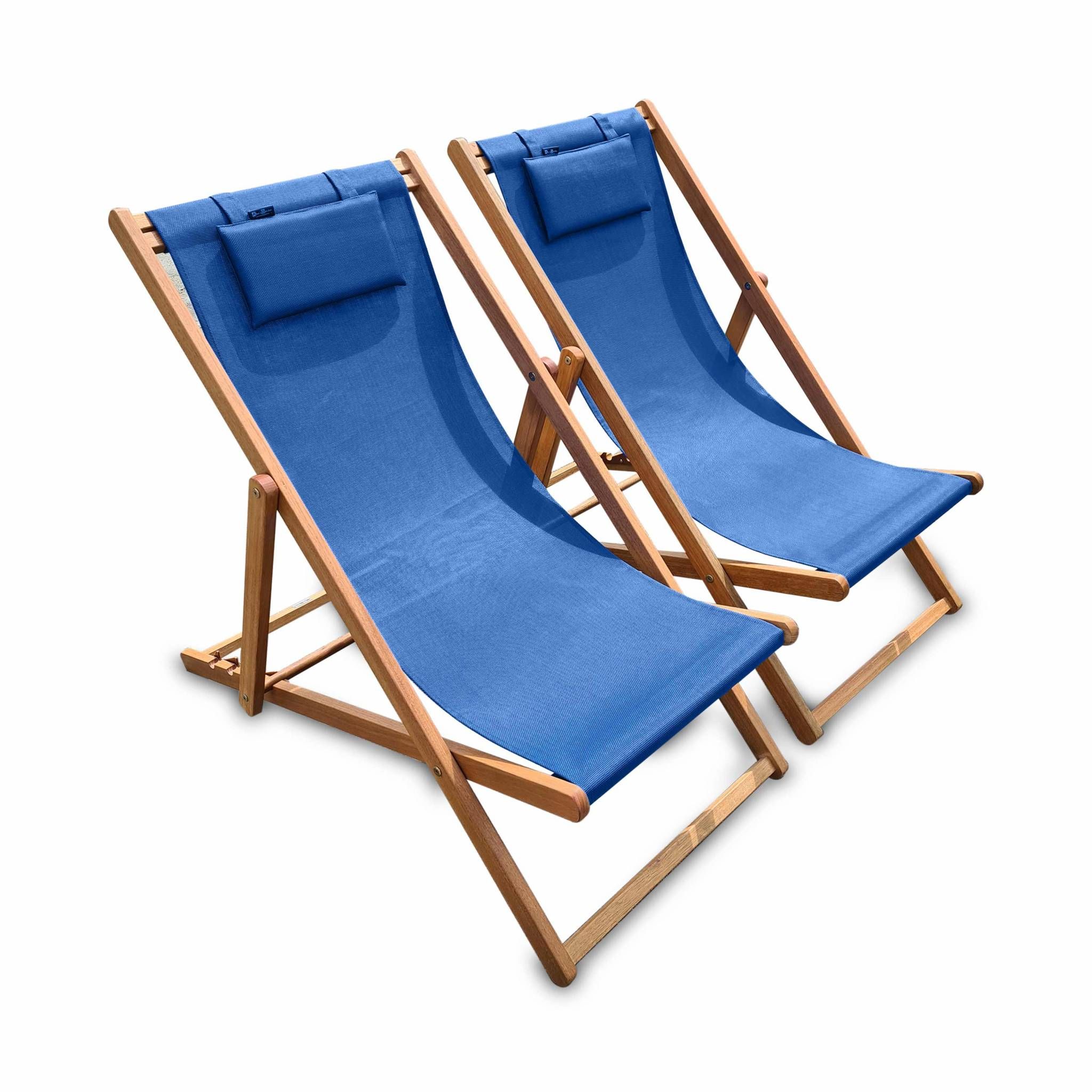 Chiliennes bois - Creus - 2 transats en bois d'Eucalyptus huilé avec coussin repose-tête bleu nuit