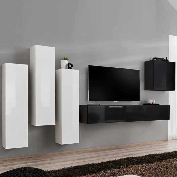 Meuble télé suspendu blanc et noir LORENZO L 330 x P 40 x H 160 cm Blanc