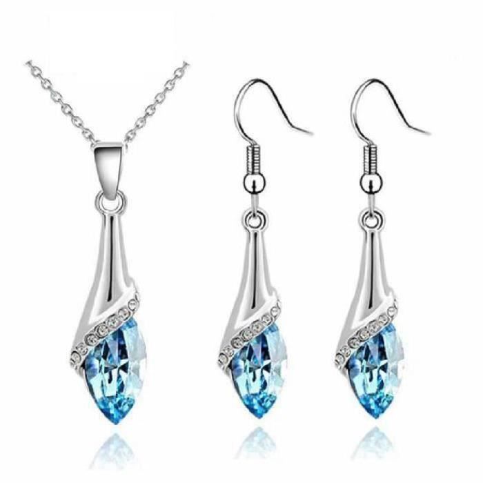 Parure Bijoux 4 pièces Goutte Swarovski elements Bleu Turquoise Plaqué or Blanc