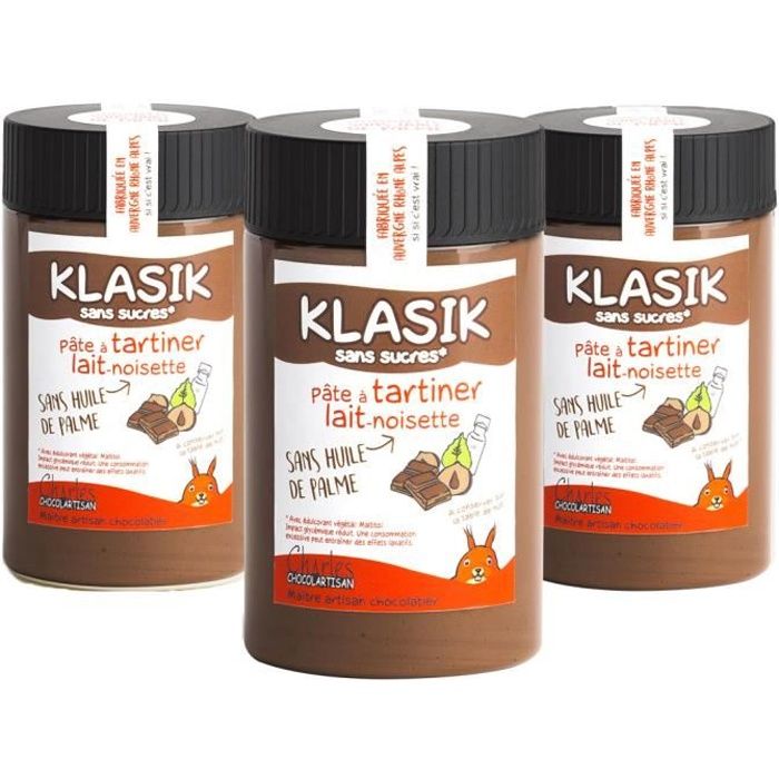 Lot de 3 pots pâtes à tartiner chocolat lait noisettes sans sucres Klasik - 3x280 g