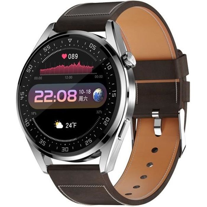 Montre connectée Hommes, Étanche IP67, moniteur de sommeil, de pression artérielle, de fréquence cardiaque, GPS - Brun cuir
