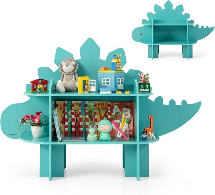 GOPLUS Bibliothèque Enfant-Etagères Ouvertes avec Kits Anti-Renversement-Organisateur de Jouets Forme Dinosaur Vert