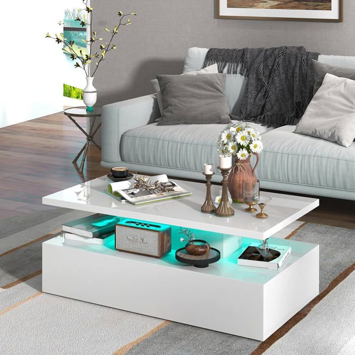 COSTWAY Table Basse Lumineux à 2 Niveaux Couleurs de Lumière LED Réglables Luminosité Réglables Télécommande Blanc Brillant