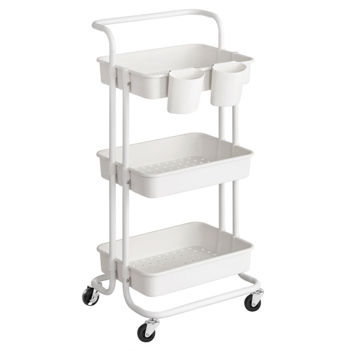 Desserte sur roulettes Étagère de Rangement avec poignée 2 Pots 2 Freins paniers en Plastique pour Chambre Cuisine Blanc