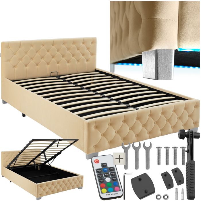 Lit - TECTAKE - Lit coffre VENICE en bois à laspect velours capitonné avec bandes LED sommier inclus 140 x 200 cm - Beige Lit - TECTAKE - Lit coffre VENICE en bois à laspect velours capitonné avec bandes LED sommier inclus 140 x 200 cm - Beige