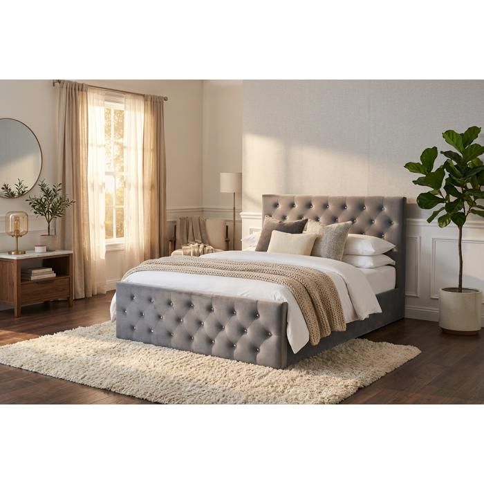 Lit coffre capitonné velours gris 160x200 cm sommier inclus VICTORIA