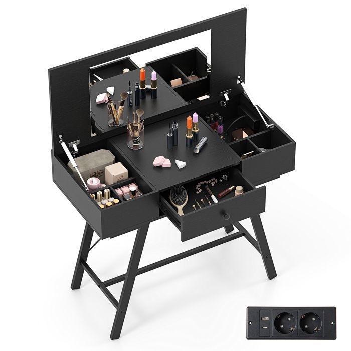 2 en 1 Coiffeuse avec Miroir COSTWAY Station de Charge Table de Maquillage à Dessus Rabattable Tiroir 6 Compartiments Noir