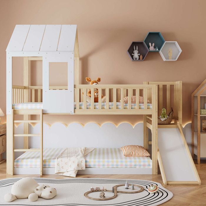 Lit double avec toboggan 90x200 cm berceau avec barrière antichute cadre en pin naturel + blanc