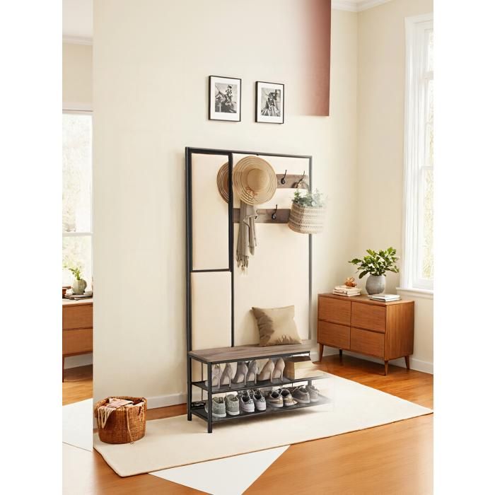 Meuble dEntrée - 4-en-1 - Miroir - Banc - Étagère à Chaussures - Marron et Noir