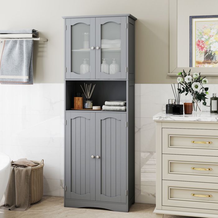 GIANTEX Armoire de Salle de Bain Haute Portes en Verre Trempé Etagères Réglables pour Salon Cuisine 60 x 30 x 164 cm Gris