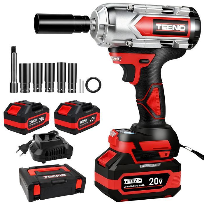 TEENO Clé à Choc Sans Fil Brushless 1000 Nm 1/2 et 2 x 4.0Ah 5 Douilles 17/19/21/22/24mm & Prolongateurr