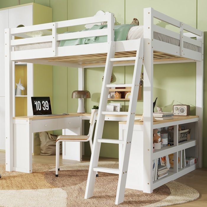 Lit mezzanine enfant 140×200 cm Lit simple en bois avec bureau 2 tiroirs étagères de rangement et sommier à lattes - blanc