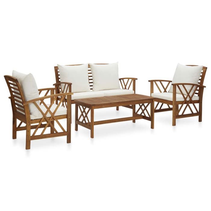 Ensemble de salon de jardin en bois dacacia - vidaXL - 4 pièces - Coussins blancs crème - Bois dacacia massif