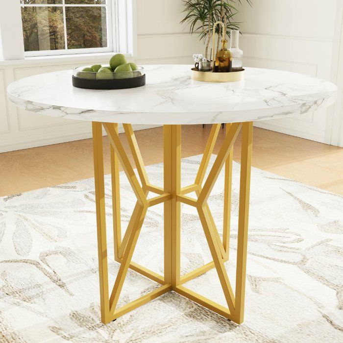 Table Ronde Salle Manger Pieds dorés Table a Manger idéale pour 4 à 6 personnes plateau en MDF effet marbré 80 x 80 x 76 cm