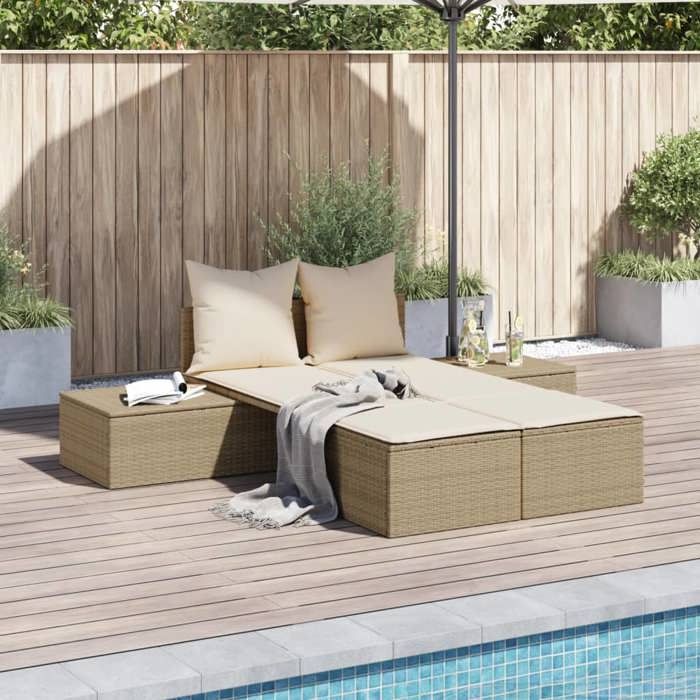 Chaise longue double en résine tressée vidaXL 104x162x30 cm Résine tressée Coussins amovibles