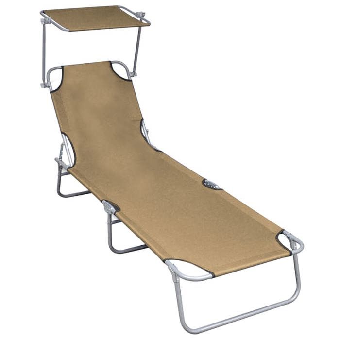 Chaise longue pliable avec auvent - JILL - Taupe - Aluminium - 1885x575x27 cm - Charge max 110 kg - Dossier réglable