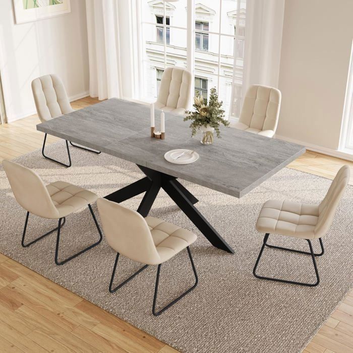 JIEXI Ensembles de salle à manger pour 4 à 6 personnes table à rallonges (table 130-170 cm + 6 chaises en U beiges)