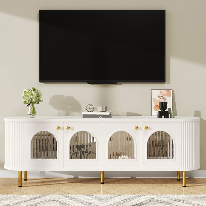 Meuble TV Maisentiel 190 x 38 x 48 cm noir portes à rainures pieds dorés design élégant grand rangement