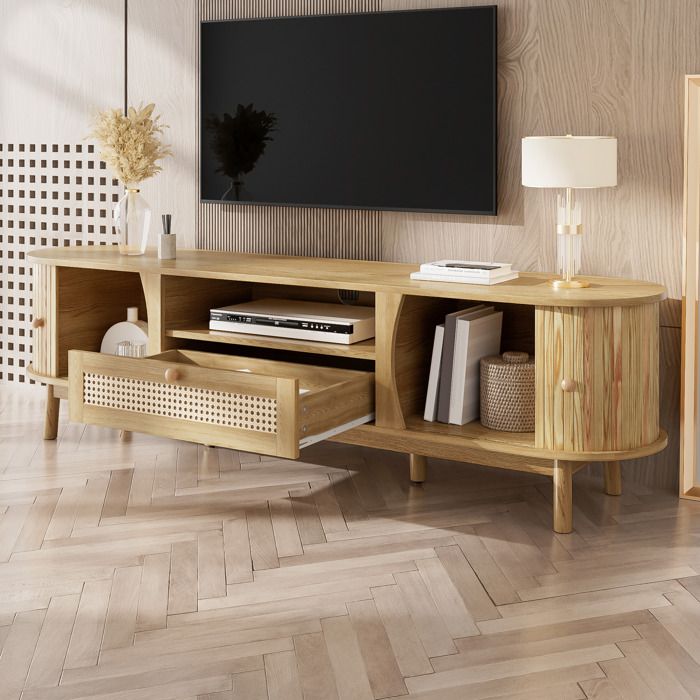 Meuble TV bas 165x37x46 cm. compartiments de rangement ouverts. portes coulissantes avec tiroirs en rotin. MDF. naturel