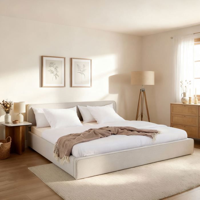 Lit Double LATINI 180x200 en Tissu Blanc crème Lit King Size 2 Personnes avec Sommier à Lattes Inclus Design Moderne