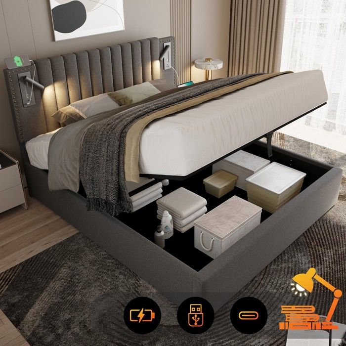 Lit coffre 180x200lit doublelit rembourrélampe de lecturefonction de chargement USBsommier à lattescoton (matelas non inclus)