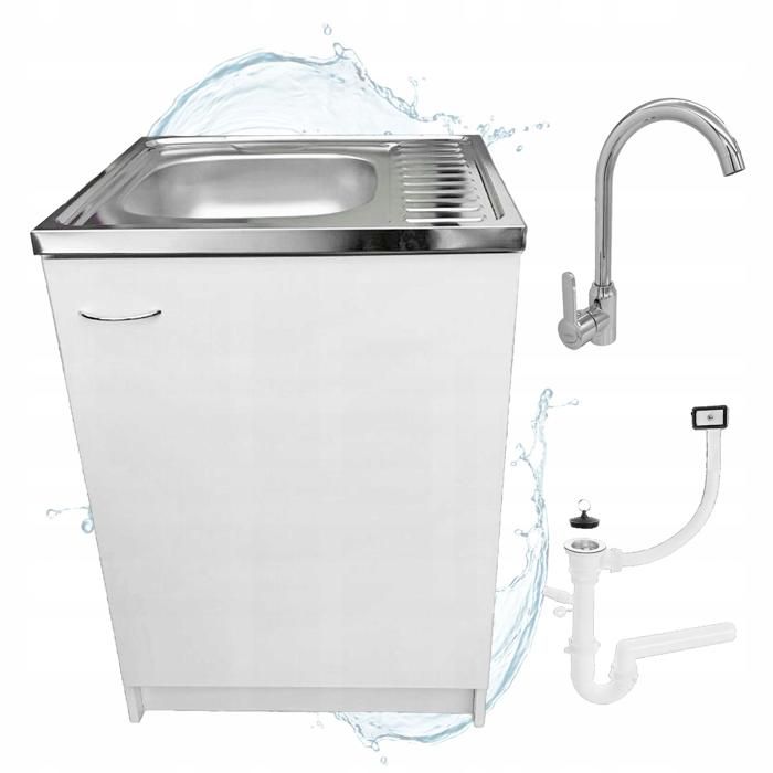 Meuble sous Évier 60 cm Blanc + Évier Inox + Robinet Pivotant Chrome + Siphon LV + Kit - 60x60x82 cm