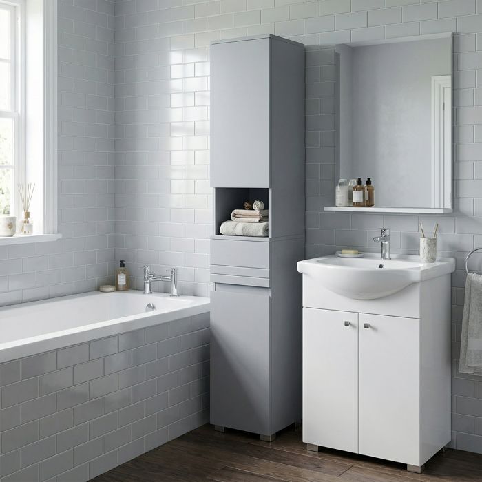 Colonne de Salle de Bain Meuble de Salle de Bain avec Un Tiroir Étagères Ajustables Compartiment Ouvert 30 x 30 x 170 cm Gris