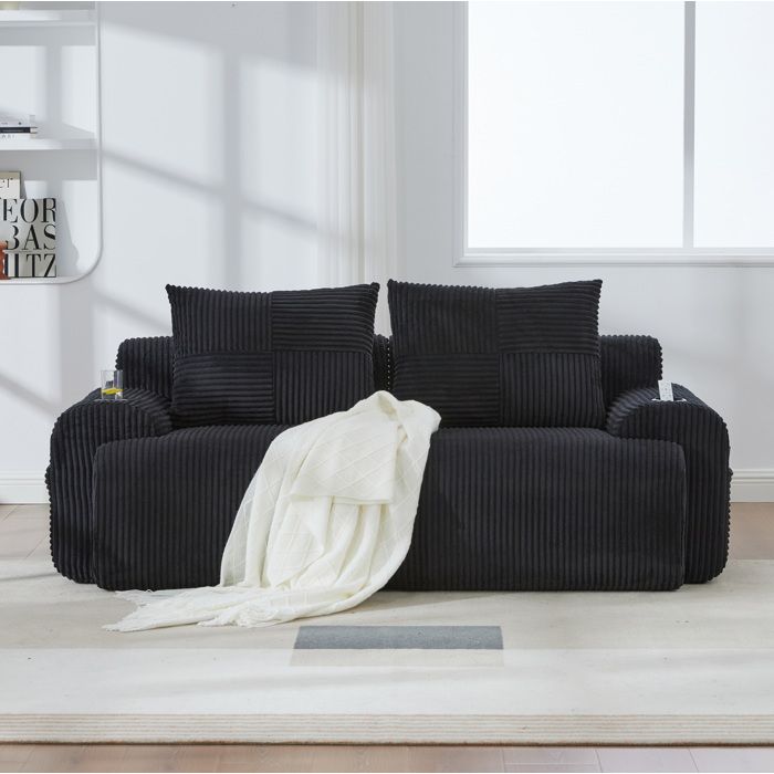 Canapé 2 places modulable en velours côtelé noir avec porte-gobelet et poche latérale