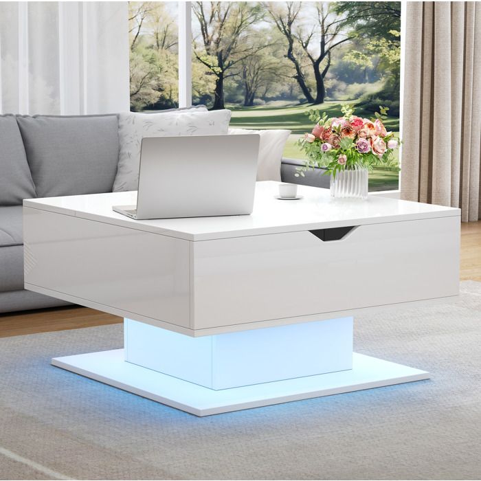 Table basse relevable blanche 80 x 75 x 40 cm LED rangement caché finition brillante
