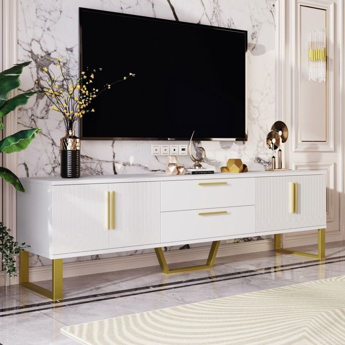 Meuble TV Laqué Brillant Blanc Détails Dorés Porte Gravée Rangement Fonctionnel Et Luxueux Pour Salon 170x40x53.5cm Meuble TV Laqué Brillant Blanc Détails Dorés Porte Gravée Rangement Fonctionnel Et Luxueux Pour Salon 170x40x53.5cm