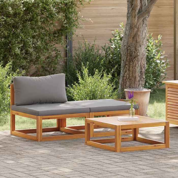 Gris Siège de jardin - Salon de jardin - (3 pcs) - avec coussins Bois dacacia solide C832