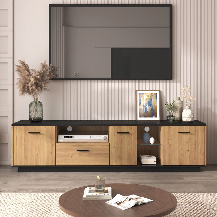 Meuble TV avec tiroirs portes et étagères vitrées ouvertes meuble TV de salon équipé de 16 lampes LED réglables