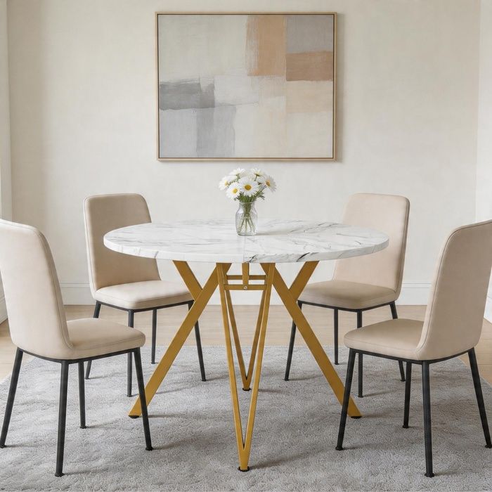 Table de salle à manger ronde - 100x100x76 cm - Plateau imitation marbre - Pieds réglables métal - 4 places