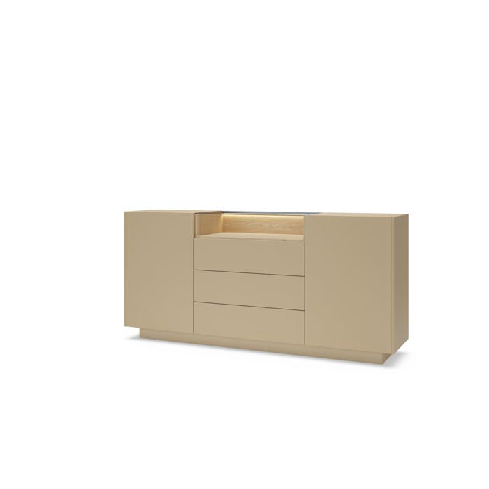 Commode - SOPHISTIQUÉE - 3 tiroirs & 2 portes - Éclairage LED intégré - Cacao + Chêne Cremona