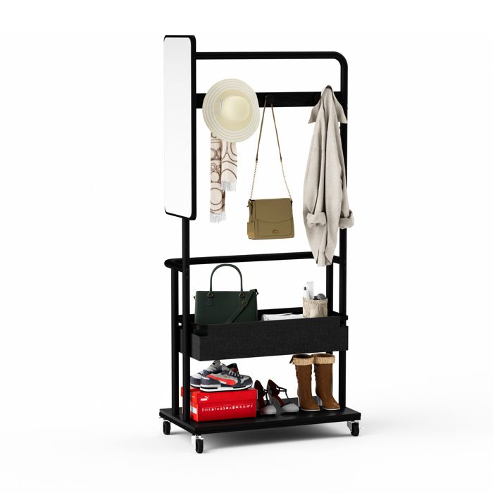 Meuble d’Entrée Porte-Manteau 3-en-1 – Vestiaire avec Banc et Étagère à Chaussures et miroir–portant mobile à roulettes 70x40x170cm