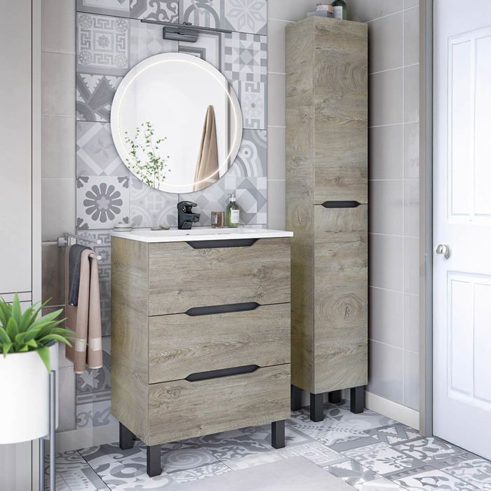 Set de Meubles de Salle de Bain Caleta Dmora en Bois Mélaminé Marron Chêne Gris Set de Meubles de Salle de Bain Caleta Dmora en Bois Mélaminé Marron Chêne Gris