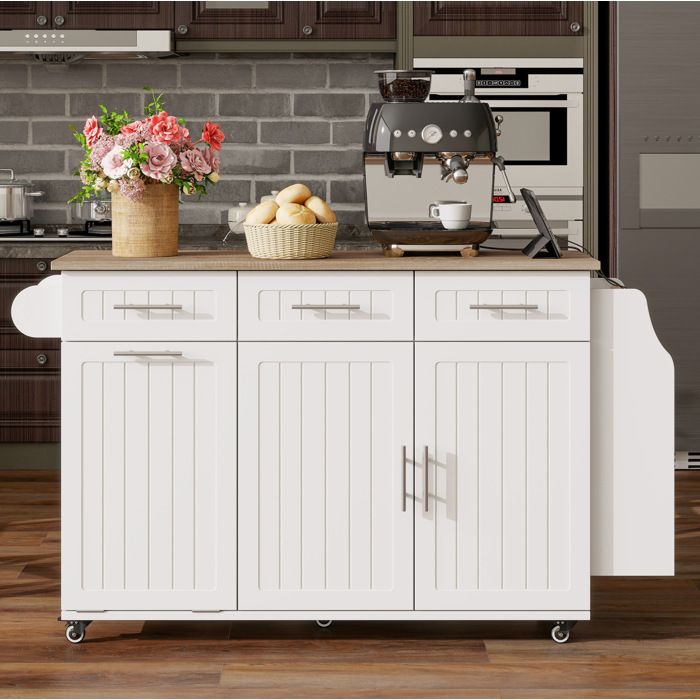 Desserte de cuisine 120x40-70x90 cm extensible sur roulettes prises USB MDF blanc