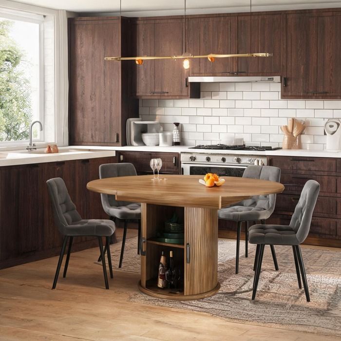 Table à manger ronde extensible en MDF grain noyer Ø118-158 cm 4 à 6 personnes