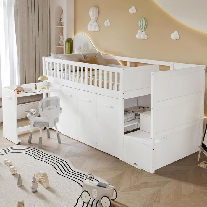 Lit superposé - KOMHTOM - Lit superposé enfant 90x200 cm - Bureau intégré - Armoire & rangements - Escalier de rangement sécurisé Lit superposé - KOMHTOM - Lit superposé enfant 90x200 cm - Bureau intégré - Armoire & rangements - Escalier de rangement sécurisé