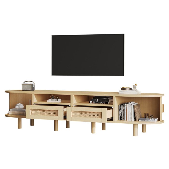 WUVRIE Meuble TV ovale 170 x 40 x 40 cm 2 tiroirs imitation rotin 2 portes coulissantes chêne clair